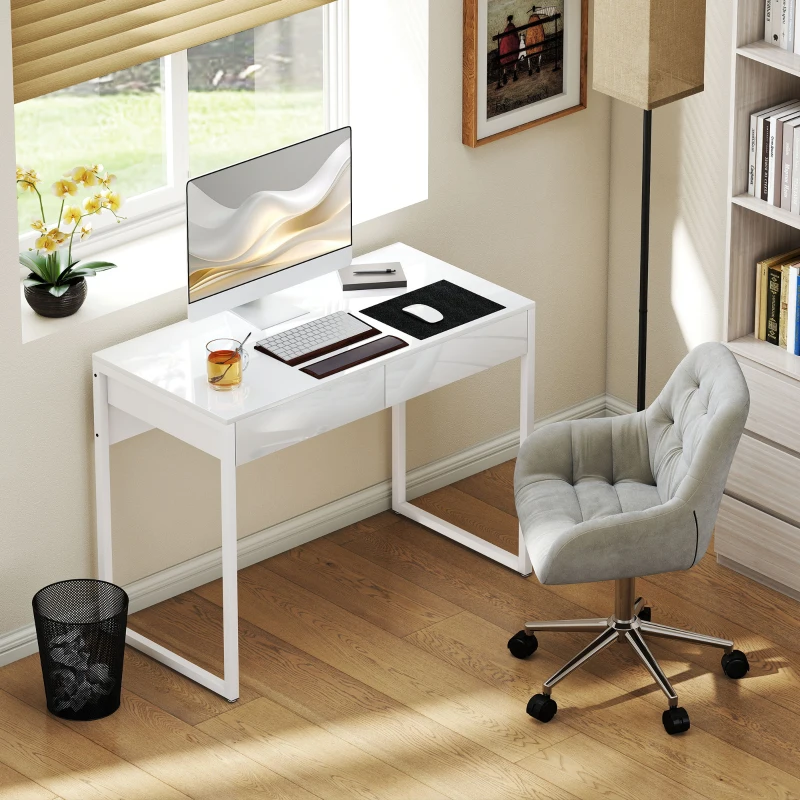 HOMCOM Bureau avec 2 tiroirs, table d'ordinateur 100 x 50 cm, bureau moderne pied en acier, pour petits espaces, blanc brillant