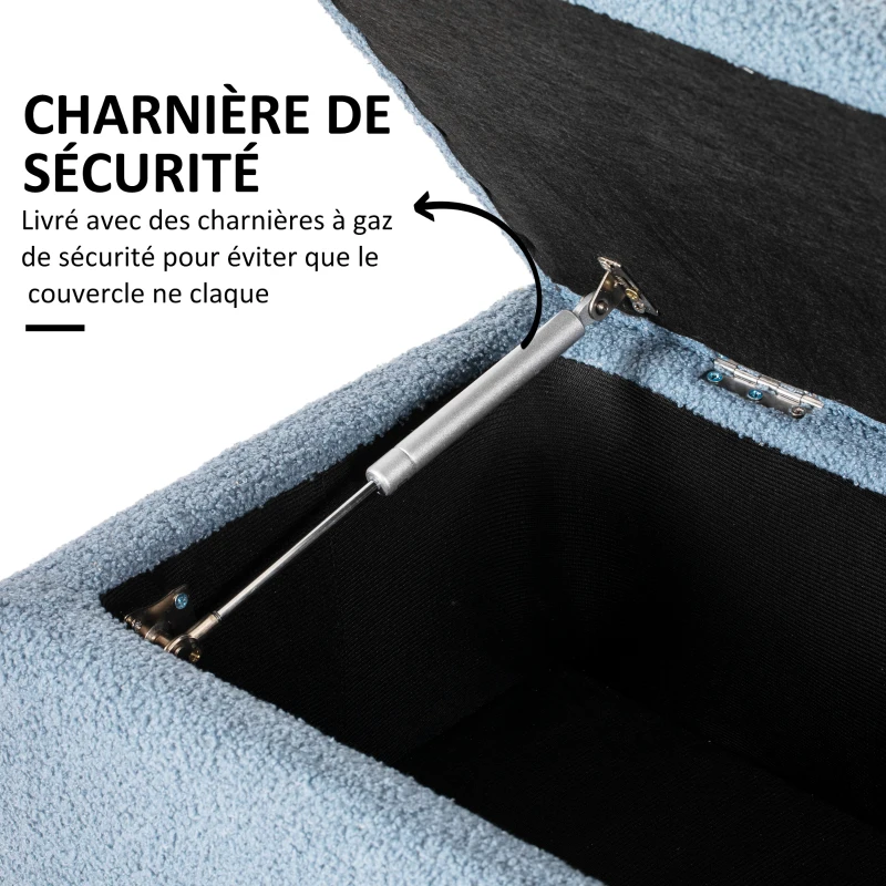 HOMCOM Banc de rangement coffre de rangement revêtement bouclette, pieds en bois de caoutchouc 95 x 38 x 45 cm bleu