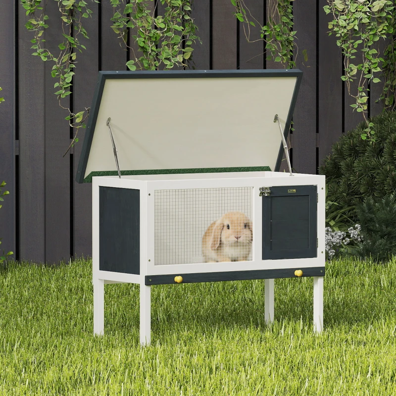 PawHut Clapier sur pied cage à lapin avec niche intérieur toit ouvrant porte verrouillable 90 x 45 x 65 cm gris foncé blanc