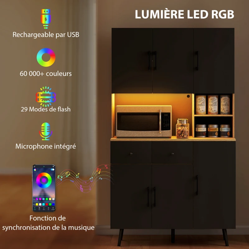 HOMCOM Buffet cuisine meuble cuisine rangement haut avec lumière LED RGB plan de travail 6 portes 2 tiroirs 100x40x176cm noir