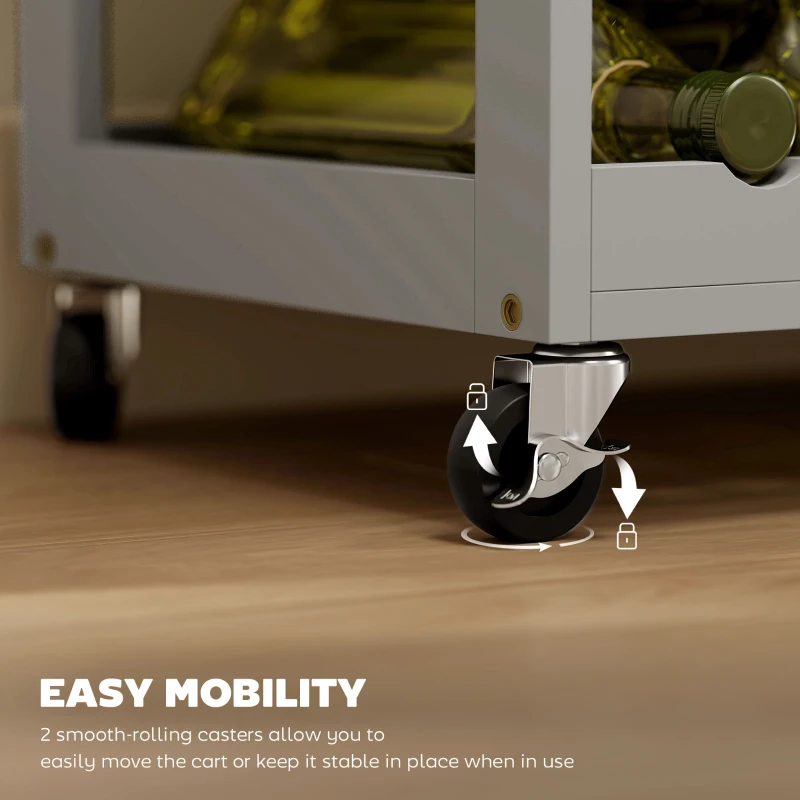 HOMCOM Modern Kitchen Trolley, Rolling Island Storage Cart with Drawer, 9-bottle Wine Rack, Door Cabinets, Wooden Countertop, Grey