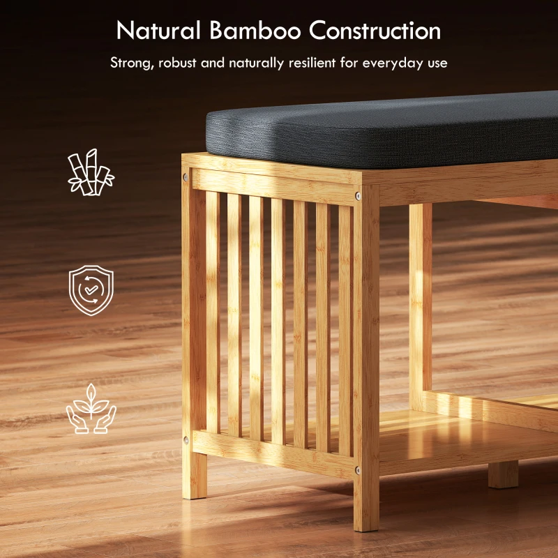 HOMCOM Bambusowa ławka na buty, ławka do przedpokoju z miękkim siedziskiem i otwartą półką, naturalny bambus