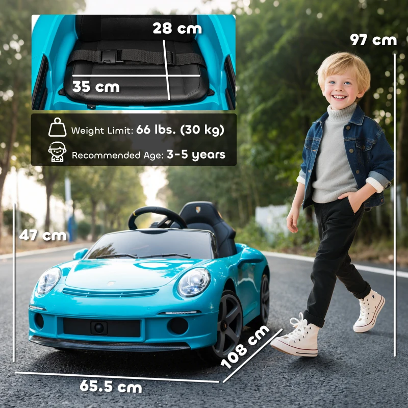 AIYAPLAY Kids Electric Car, 12V Licensed RUF GT Ride on Car with Suspension, Remote Control, Music, for 3-5 Years, Blue