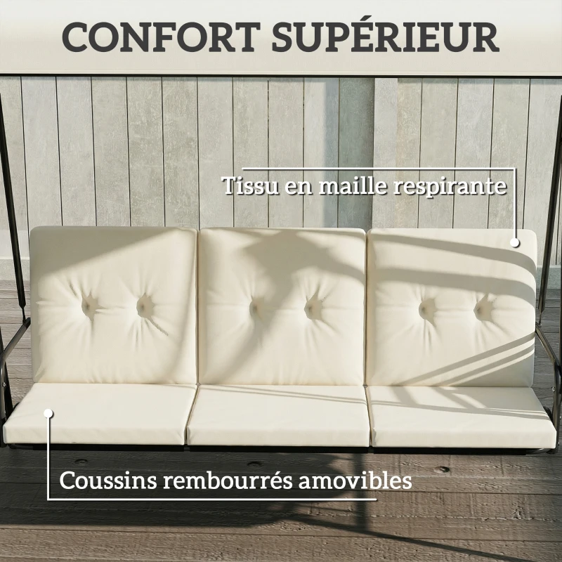 Outsunny Balancelle de jardin 3 places grand confort inclinaison toit réglable, 2 tablettes latérales, coussins, acier polyester