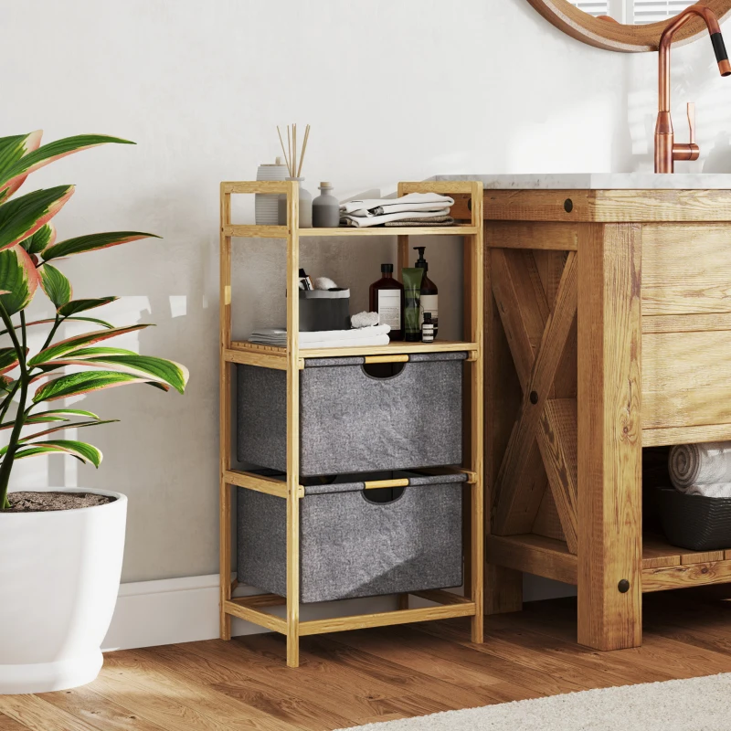 HOMCOM Panier à linge en bambou corbeille à linge sale avec 2 sacs en tissu coulissants et étagères ouvertes, naturel