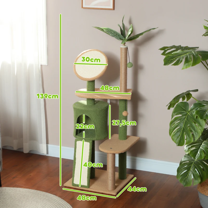 PawHut Cat Tree for Indoor Cat Large Adult with Green Leaves, 55 Inch Cat Tower with Cat Scratching Posts, Cat Condo, Scratching Pad, Ramp, Two Dangling Balls, Green