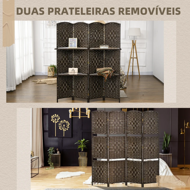 HOMCOM Biombo Separador de Ambientes 4 Painéis 160x170 cm com 2 Prateleiras Dobrável de Fibra de Papel Castanho