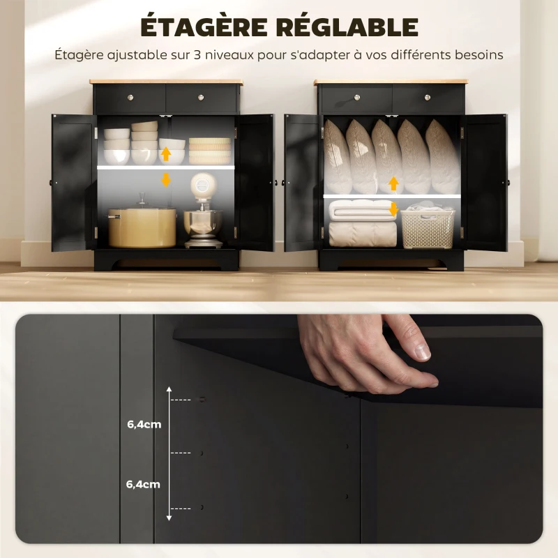 HOMCOM Meuble de rangement buffet salon avec placards, 2 tiroirs et étagères réglables, 68x40,3x85cm, noir et bois naturel