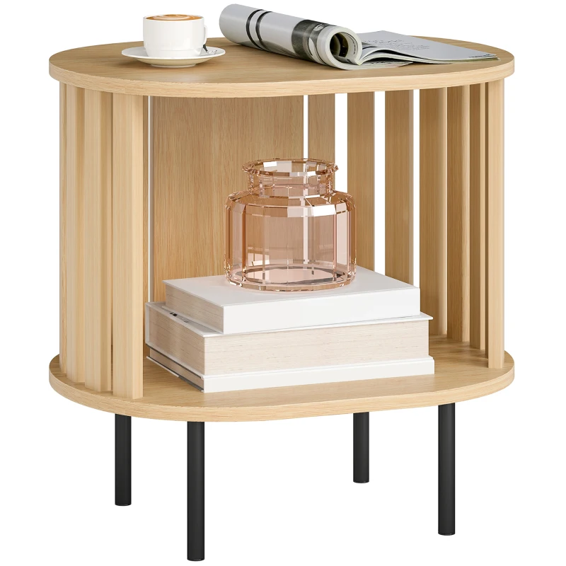 HOMCOM Table d'appoint ovale bout de canapé rangement ouvert pieds en acier design à lattes 50x39x50cm effet bois naturel