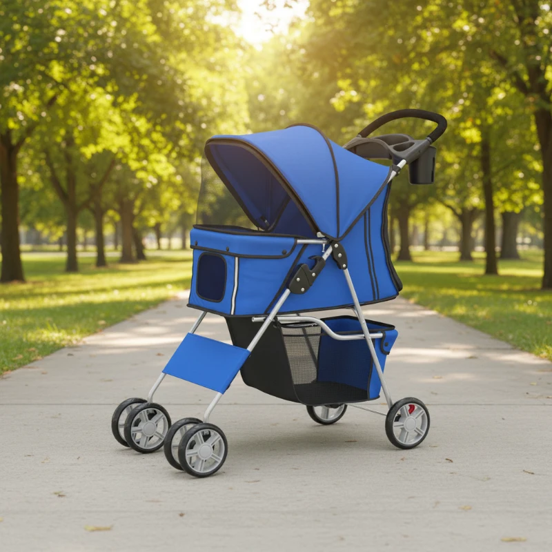 PawHut Carrinho Dobrável para Cães com Faixas Refletoras Rodas Giratórias Freios e Almofada Lavável Azul