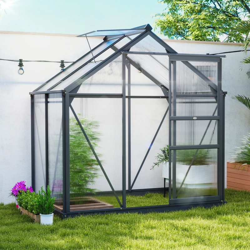 Outsunny Serre de jardin polycarbonate 190 x 132 x 201 cm résistant aux UV 30+ fondation renforcé gouttière gris