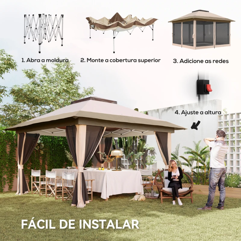 Outsunny Tenda Dobrável 3,6x3,6 m com Laterais de Rede UPF50+ Altura Ajustável Bolsa com Rodas e Sacos de Areia Bege
