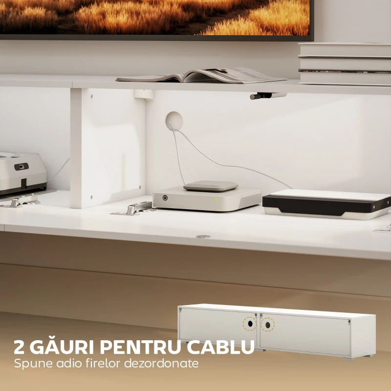 HOMCOM Dulap TV Suspendat 180 cm pentru TV până la 75 Inch, Dulap Modern pentru Living cu Uși cu Deschidere prin Apăsare și Orificii pentru Cabluri, Consolă Multimedia Montată pe Perete, Alb Lucios