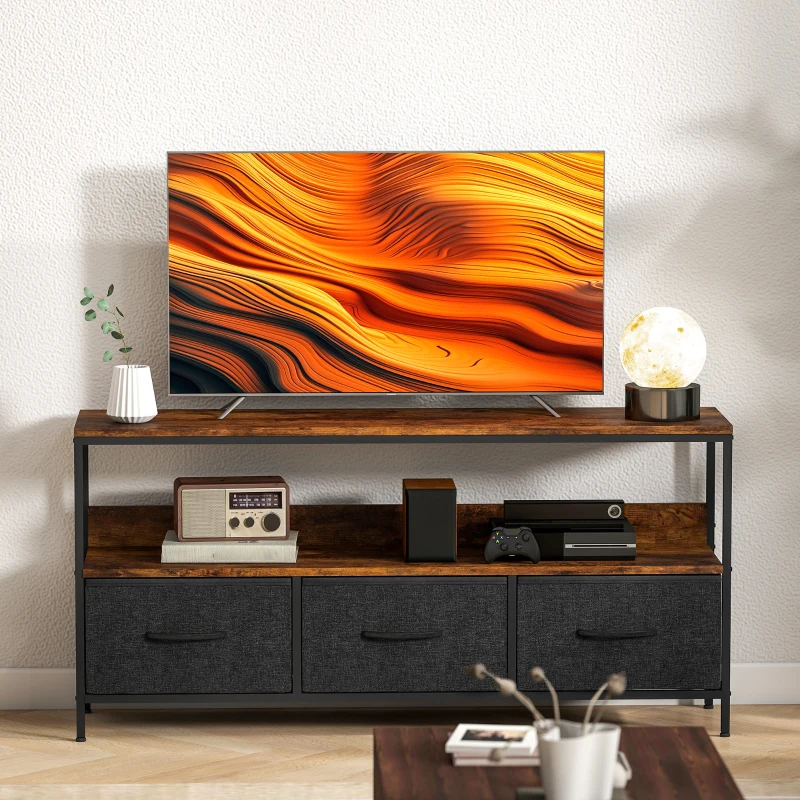 HOMCOM Meuble TV, meuble télé pour téléviseur jusqu'à 55 pouces avec 3 tiroirs et pieds en acier 120 x 29 x 56 cm brun rustique