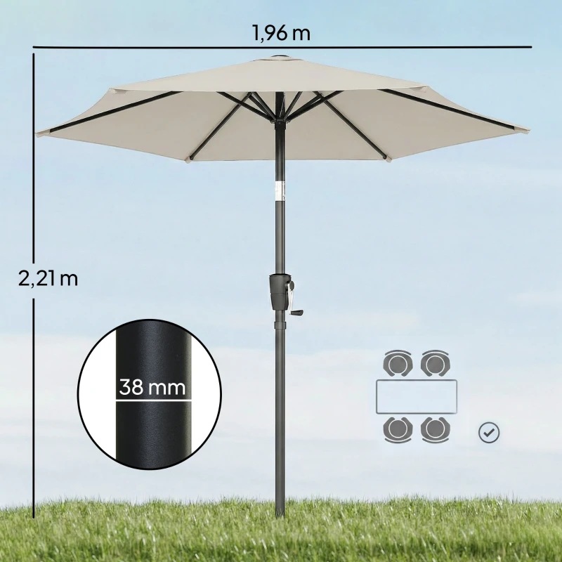 Outsunny Parasol de Jardin Inclinable 2x2 m à 6 Baleines avec Manivelle, en Métal et Polyester Gris Clair