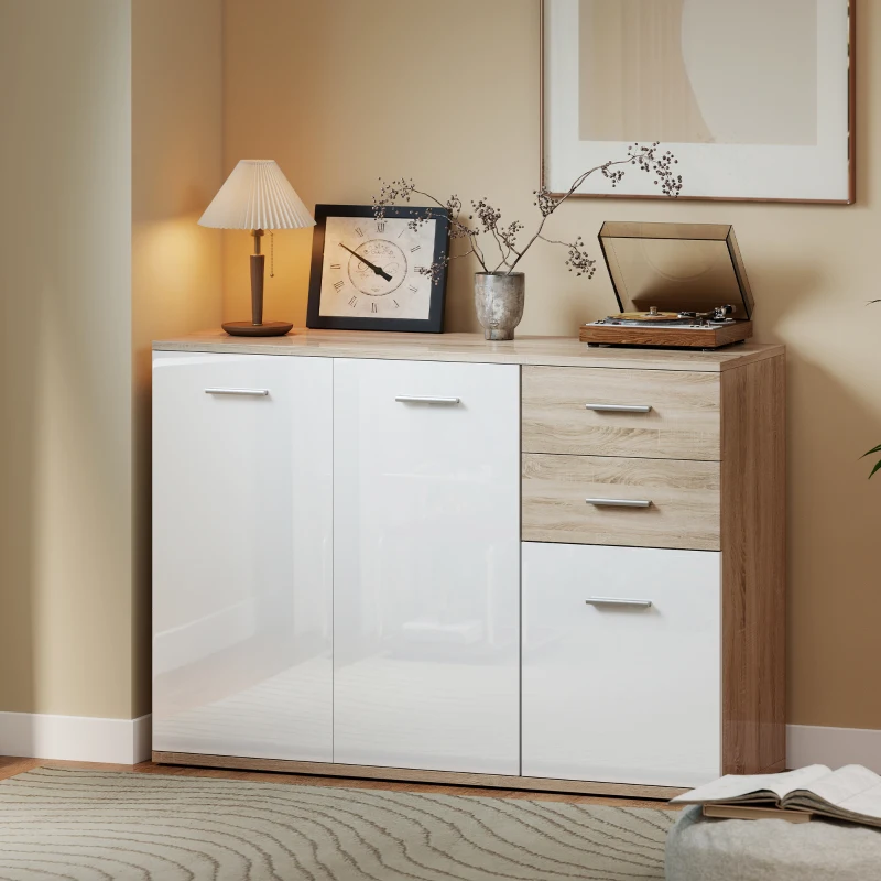 HOMCOM Buffet salon, meuble de rangement avec 2 tiroirs, 3 portes et étagère réglable, 106 x 35 x 76 cm, blanc et bois naturel