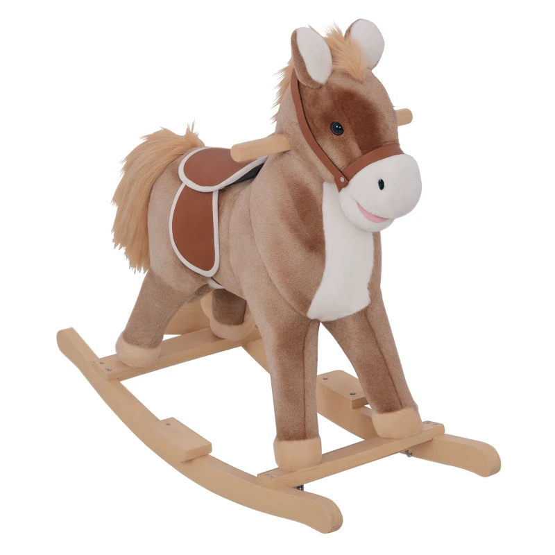 HOMCOM Cheval à Bascule Cheval de Cowboy Selle Grand Confort pour Enfants de 36+Mois Peluche Courte Douce Bois peuplier Charge 40 Kg Marron