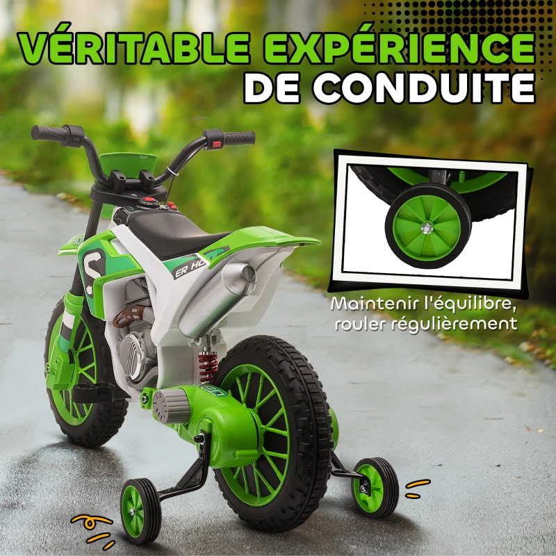 HOMCOM Moto Cross électrique pour Enfant 3 à 5 Ans 12 V 3-8 Km/h avec roulettes latérales Amovibles dim. 106,5L x 51,5l x 68H cm Vert(m-6)