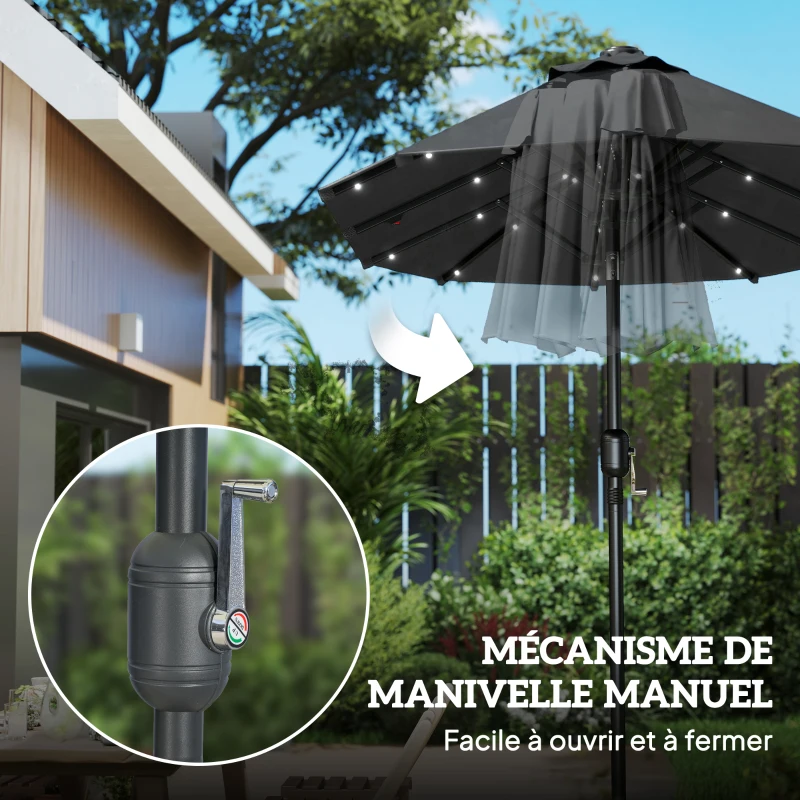 Outsunny Parasol de jardin double 3 x 1,5 m, parasol de jardin extérieur avec éclairage solaire, manivelle et 2 aérations, gris