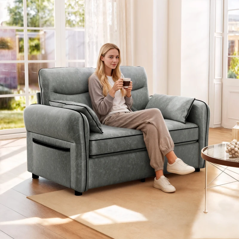 HOMCOM 2 Seater Sofa, Faux Leather Loveseat - Grey