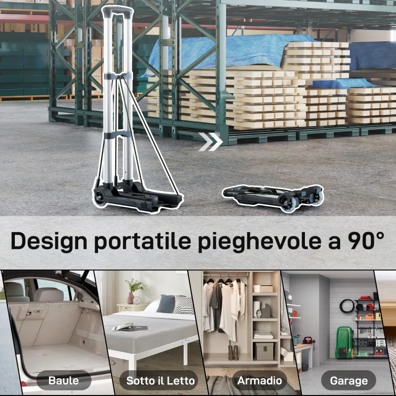 HOMCOM Carrello Portapacchi Pieghevole da 40 kg con 2 Cinghie, Maniglia Telescopica, Alluminio e Plastica, Nero