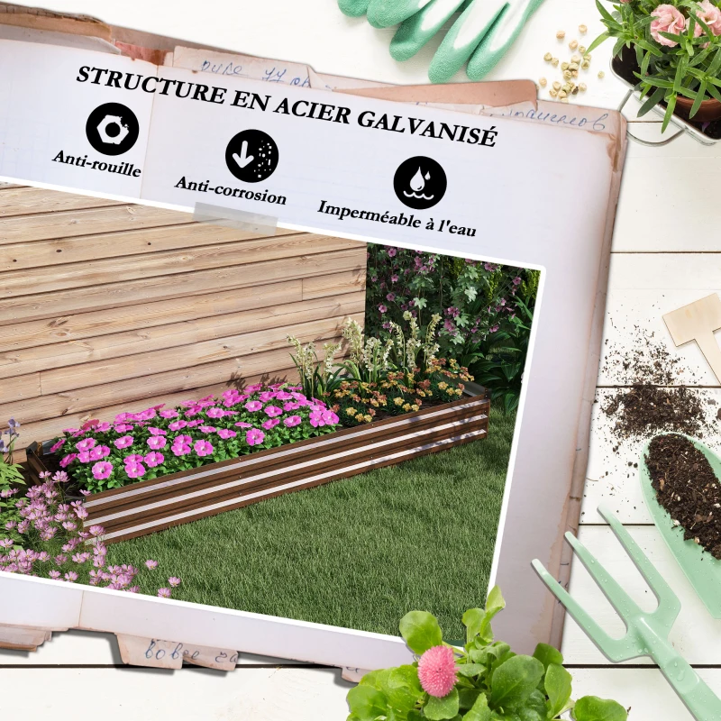 Outsunny Carré potager rectangulaire, lit de jardin surélevé en acier galvanisé, fond ouvert, 240 x 60 x 30 cm, brun foncé