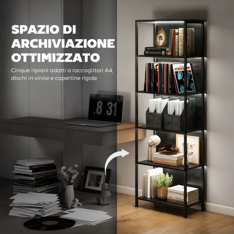 HOMCOM Libreria Scaffale in Stile Industriale a 5 Ripiani con Illuminazione LED, in Metallo e Legno, 60x30x179 cm, Nero