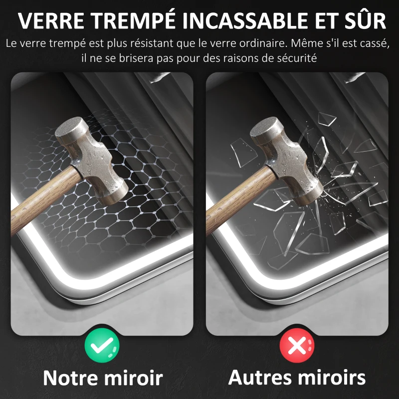 HOMCOM Miroir salle de bain Bluetooth avec éclairage LED 50 x 70 cm, miroir lumineux mural avec horloge, antibuée, argenté