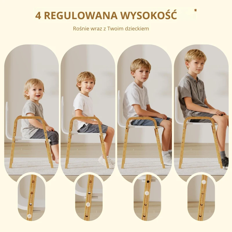 AIYAPLAY zestaw drewnianych krzeseł dla dzieci, antypoślizgowe nakładki na nóżki, 3–15 lat, regulacja wysokości, Biały