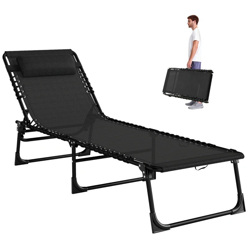 Outsunny Foldable Sun Lounger, Outdoor 4 Level Adjustable Backrest Reclining Chaise Chair, Steel Frame Recliner Chair for Camping, Hiking, Black