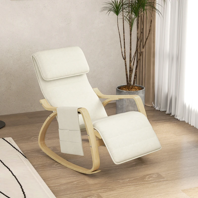HOMCOM Fauteuil relax à bascule fauteuil allaitement avec repose-pieds réglable, poche latérale et appui-tête, blanc crème