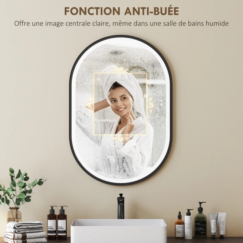 HOMCOM Miroir salle de bain éclairage LED 50x70cm, miroir lumineux salle de bain mural interrupteur tactile, lumière 3 couleurs