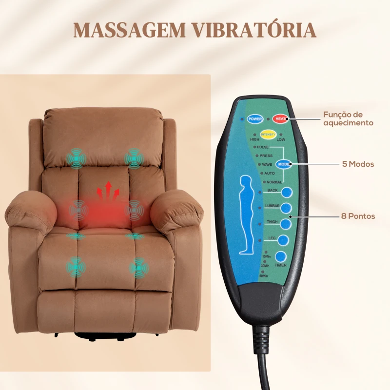 HOMCOM Poltrona Relax Levanta Pessoas Elétrica Poltrona Elevatória com Massagem Poltrona Reclinável com Aquecimento Marrom