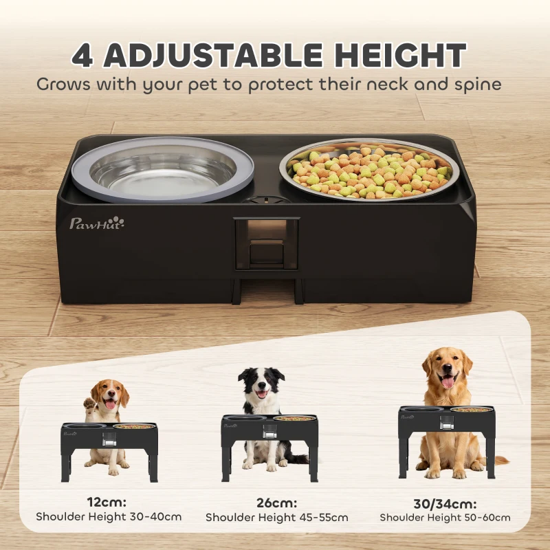 PawHut Podwyższona Miska dla Psa Regulowana Miska z 2 Miskami dla Małych i Dużych Psów Czarna