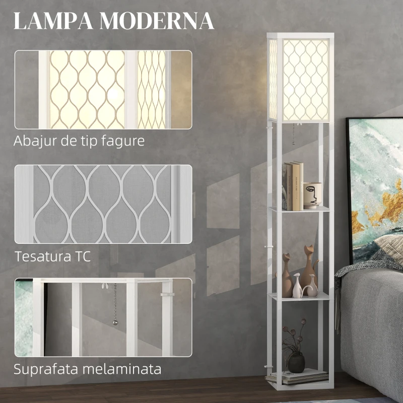 HOMCOM Lampă de Podea 2 în 1 Modernă cu 3 Rafturi, Soclu E27, 26x26x160 cm, Alb
