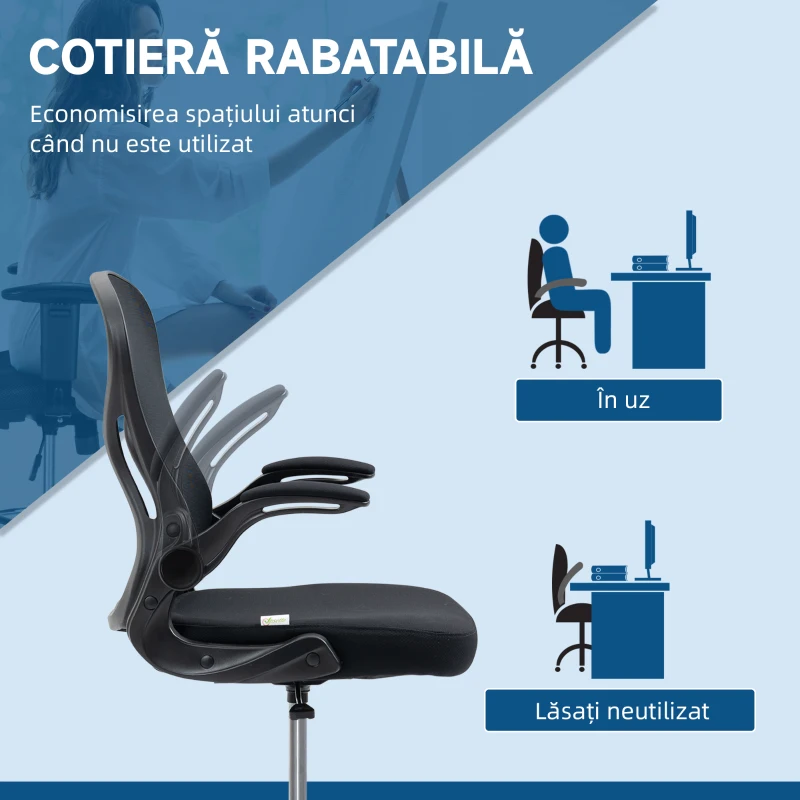 Vinsetto Scaun de Birou Ergonomic, Scaun Rotativ din Plasă, Reglabil pe Înălțime cu Suport pentru Picioare și Cotiere Rabatabile, Capacitate 120kg, Negru