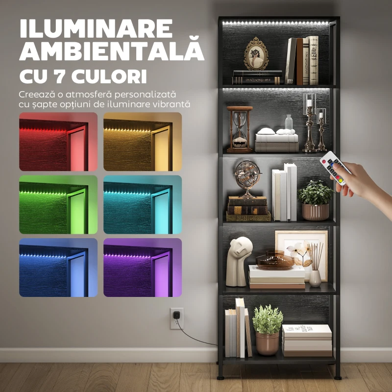 HOMCOM Bibliotecă Verticală cu 5 Rafturi, Iluminată cu LED-uri în 7 Culori, Design Slim pentru Sufragerie, Dormitor și Birou, 60x30x179 cm, Negru