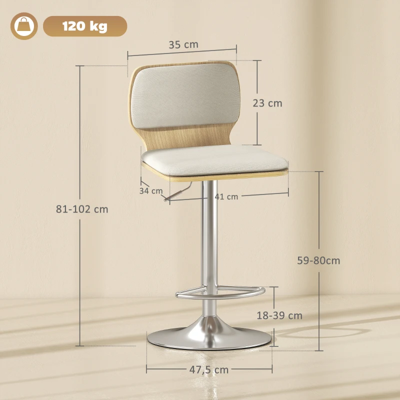 HOMCOM Juego de 2 Taburetes Altos de Cocina Giratorios en 360° Regulables en Altura de 81-102 cm Tapizados en Lino Beige