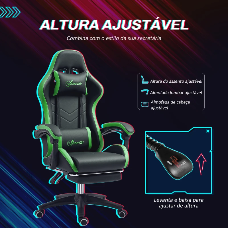 Vinsetto Cadeira Gaming Reclinável até 135° com Suporte Lombar Altura Ajustável Almofada de Cabeça e Apoio para os Pés Retrátil 65x65x121-129 cm Preto e Verde