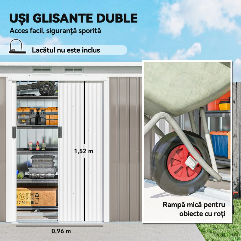 Outsunny Depozit de Grădină din Oțel cu 2 Orificii de Aerisire și 2 Uși Glisante, 280x130x172 cm, Gri Deschis