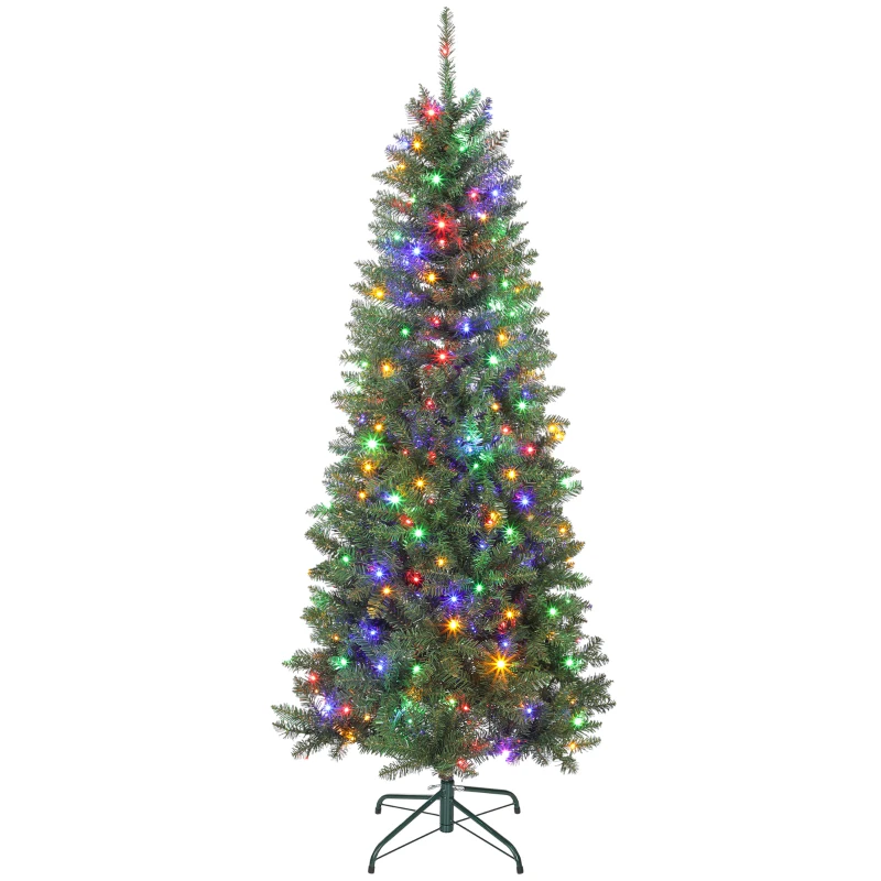 HOMCOM Sapin de Noël artificiel 180 cm, arbre de Noël fin avec 250 lumières, 899 pointes, support en métal pliable, vert