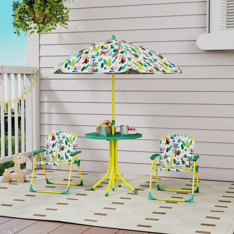 AIYAPLAY Ensemble Salon de Jardin Extérieur Enfant avec 2 Chaises Pliantes et Parasol, Thème Jungle, pour Jardin, Terrasse, Vert