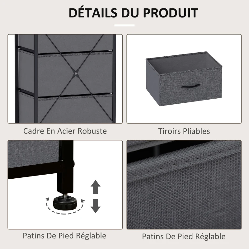 HOMCOM Commode 5 tiroirs meuble de rangement tiroir en tissu pliant - structure acier noir - 45 x 30 x 116 cm gris foncé
