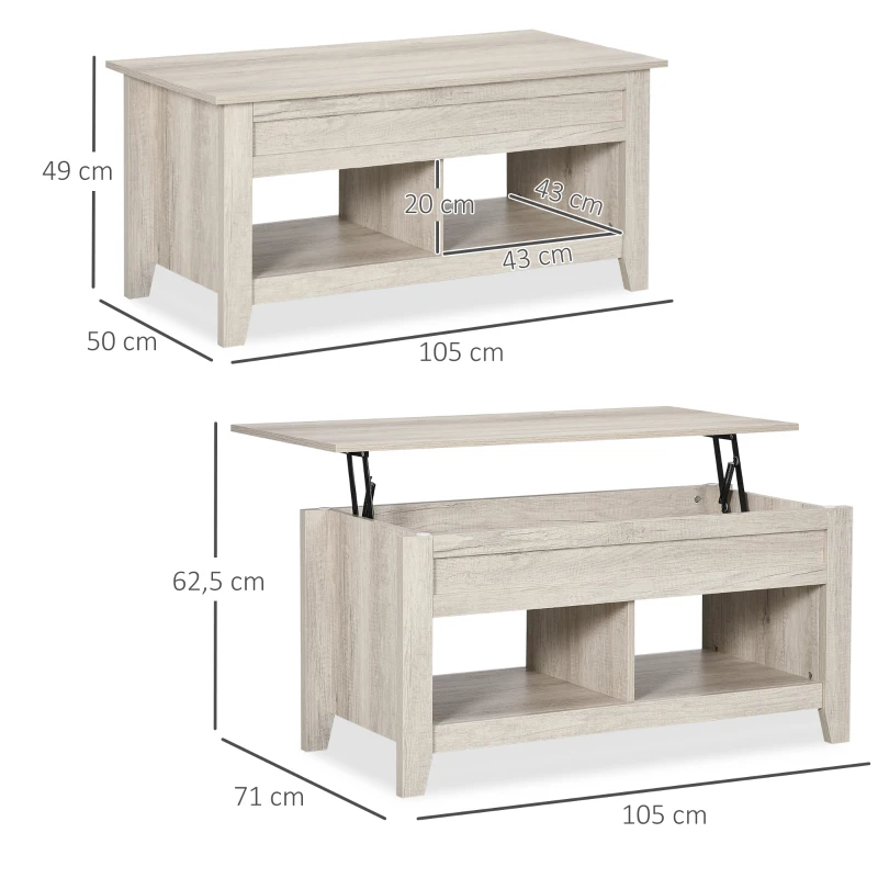 HOMCOM Table basse plateau relevable, table de salon avec étagères et compartiment caché,105 x 50 x 49-62,5 cm pour salon, chambre, aspect chêne clair