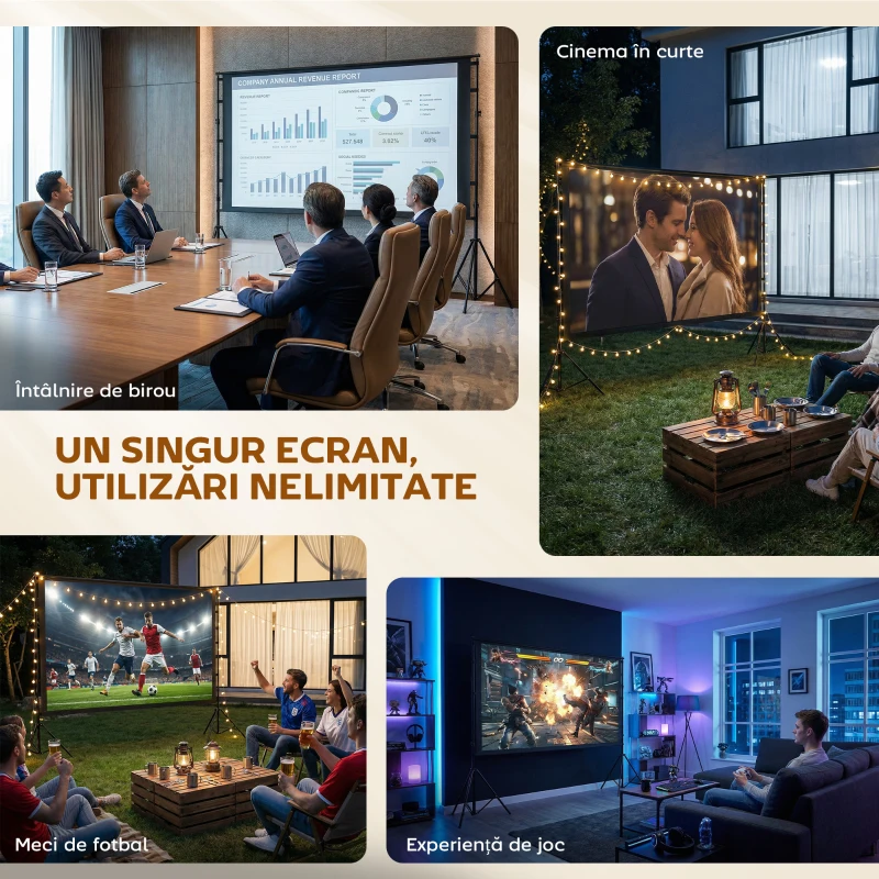 HOMCOM Ecran Proiector 100 Inch 4K/8K HD Format 16:9 cu 2 Trepiede Pliabile, Portabil, Dublă Față, Unghi de Vizionare 160°, pentru Acasă, Cinema sau Exterior, Alb