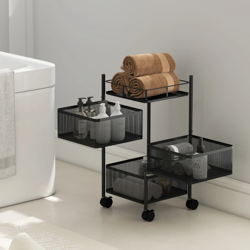 HOMCOM Cărucior de Bucătărie cu 3 Nivele cu Coșuri Rotative din Metal, Roți și Frână, 27,5x27,5x62 cm, Negru