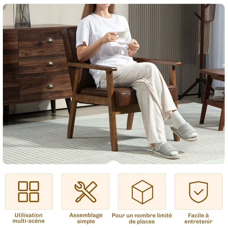 HOMCOM Fauteuil de salon, fauteuil de chambre en cuir synthétique, dossier capitonné, pieds en bois massif, 64x73x81cm, marron