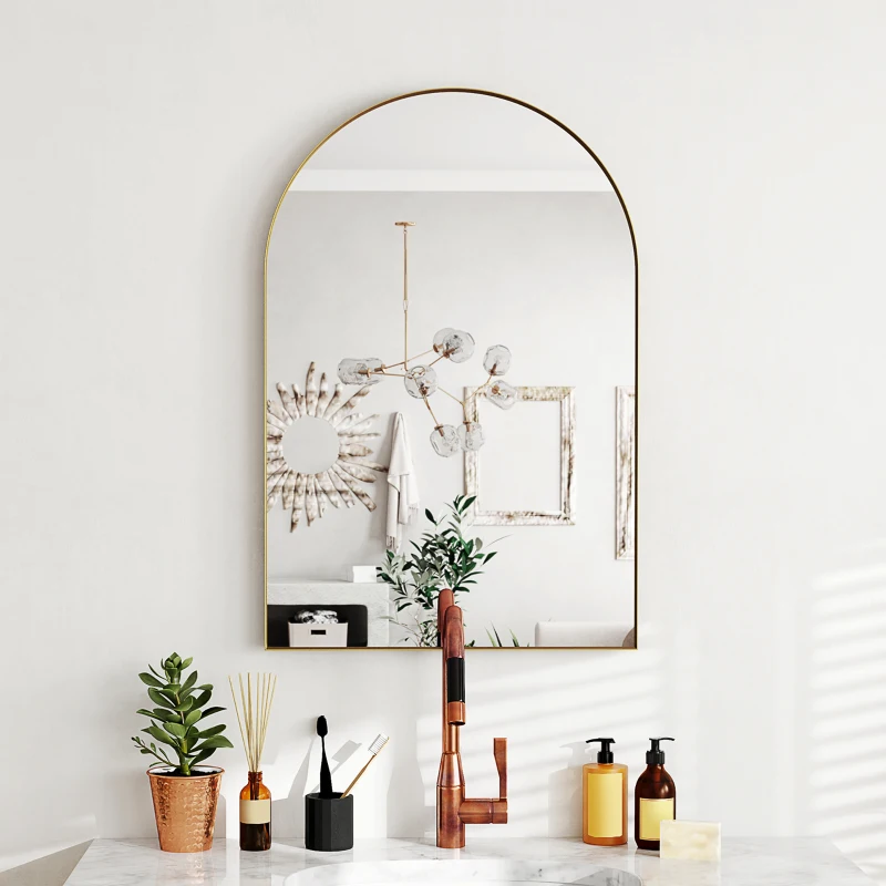 HOMCOM Miroir mural arqué miroir de salle de bain avec cadre en alliage d'aluminium pour chambre salon entrée 60 × 90 cm or