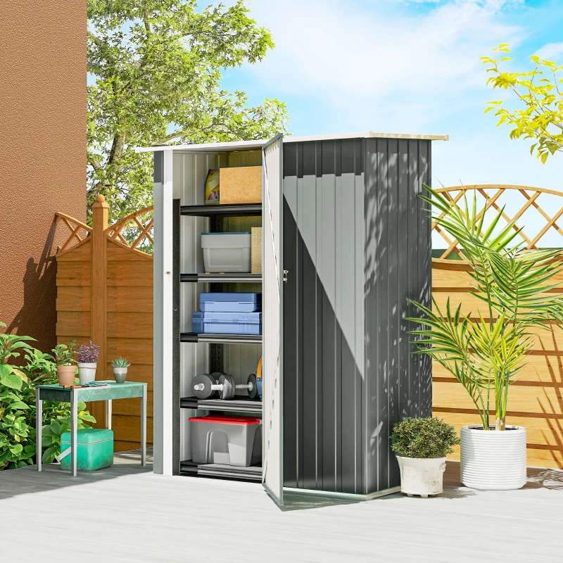 Outsunny Capanno Porta Attrezzi in Metallo con Tetto Inclinato e Porta Bloccabile, 142x86x189 cm, Grigio Chiaro
