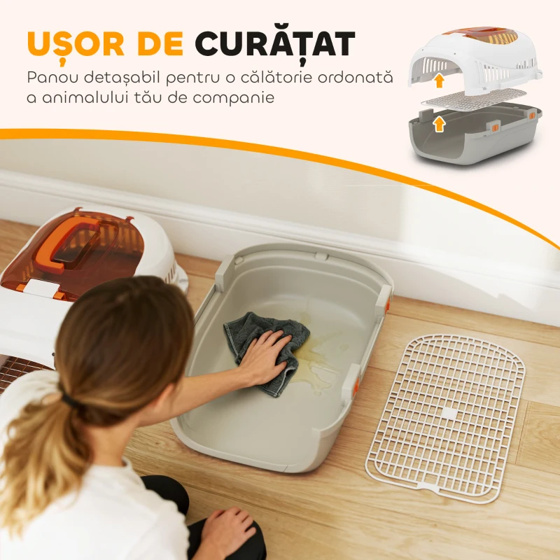 Transportor PawHut pentru Pisici și Câini Mici din Plastic, cu Fereastră Superioară, Ușă din Oțel, Bol pentru Hrană, pentru Animale max 4 kg, 49x32x31 cm, Gri